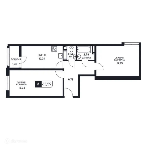 Планировка 2 комн. в ЖК"Центральный"