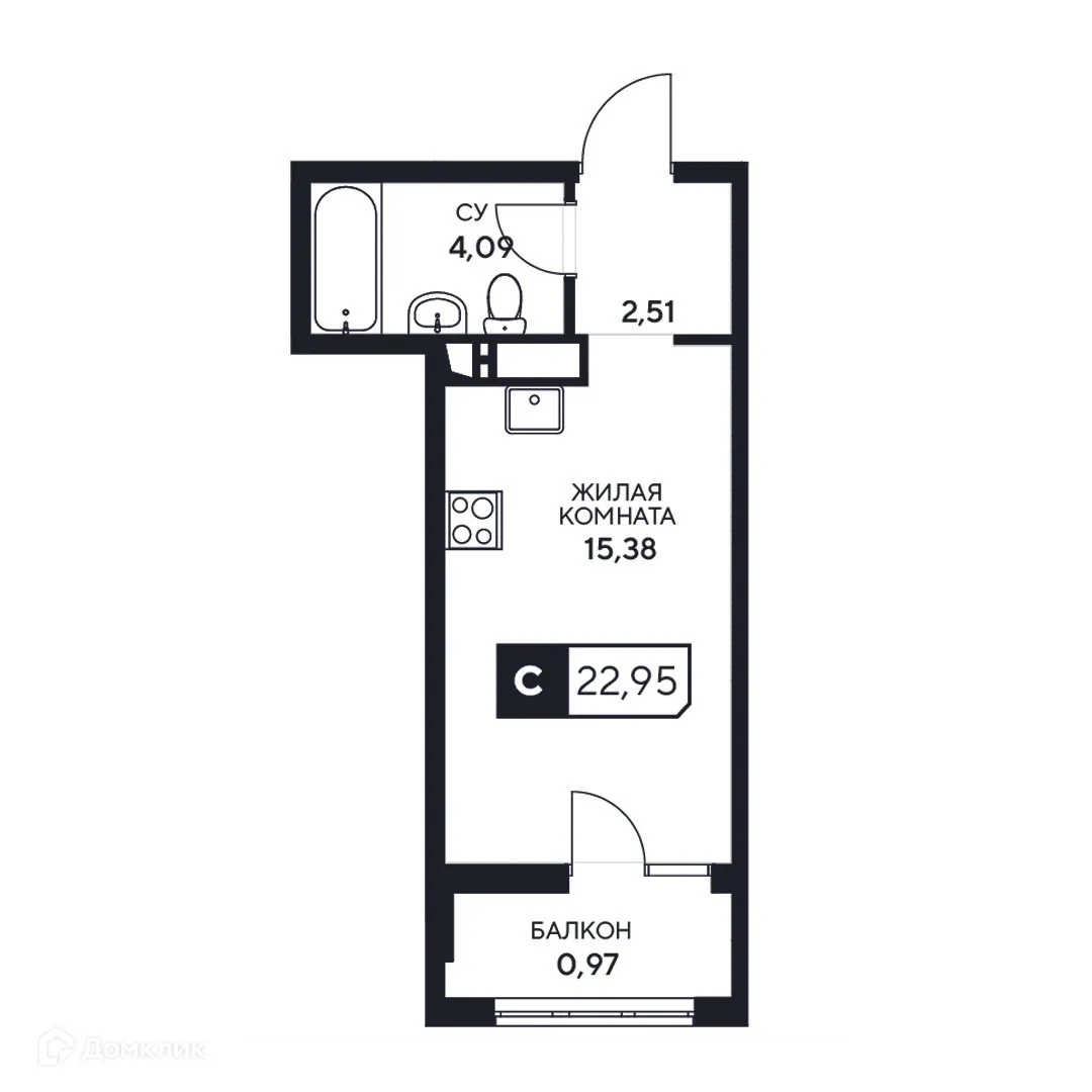 Планировка студии квартиры 22.95 м² в ЖК"Центральный", г. Анапа — фото 1