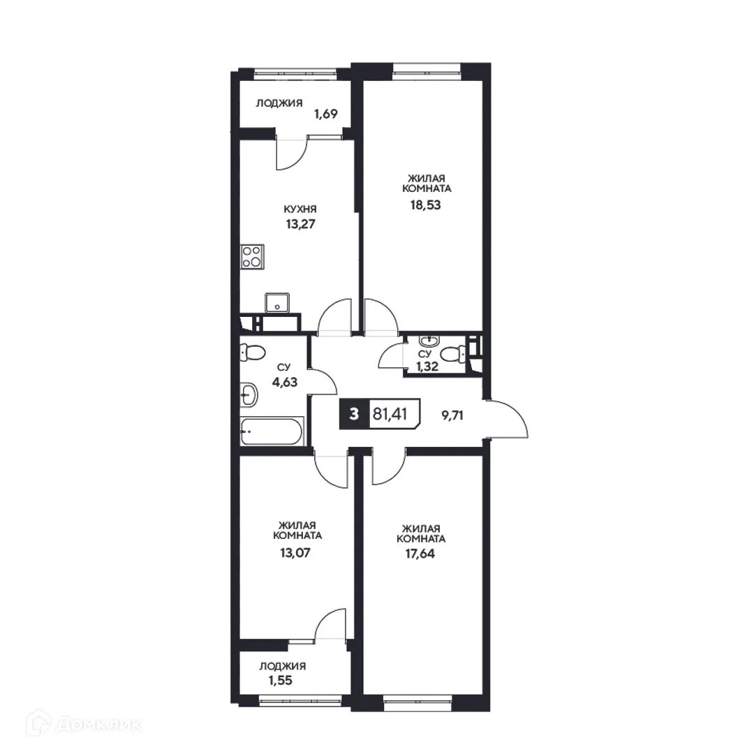 Планировка 3-комнатной квартиры 81.41 м² в ЖК"Центральный", г. Анапа — фото 1