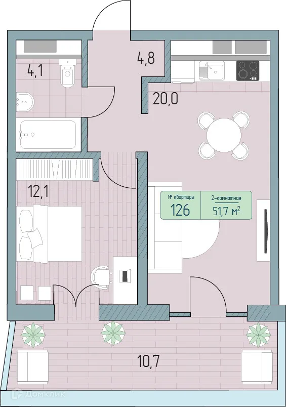 Планировка 2-комнатной квартиры 59.19 м² в ЖК Гостиничный комплекс Морелло, г. Анапа — фото 1