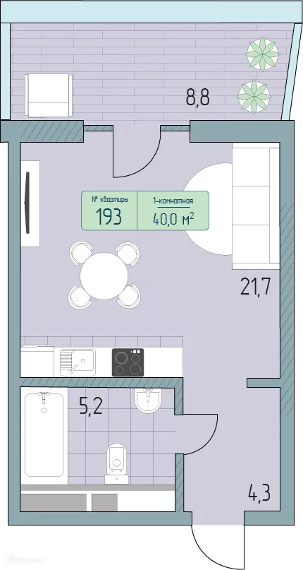 Планировка 1-комнатной квартиры 46.16 м² в ЖК Гостиничный комплекс Морелло, г. Анапа — фото 1