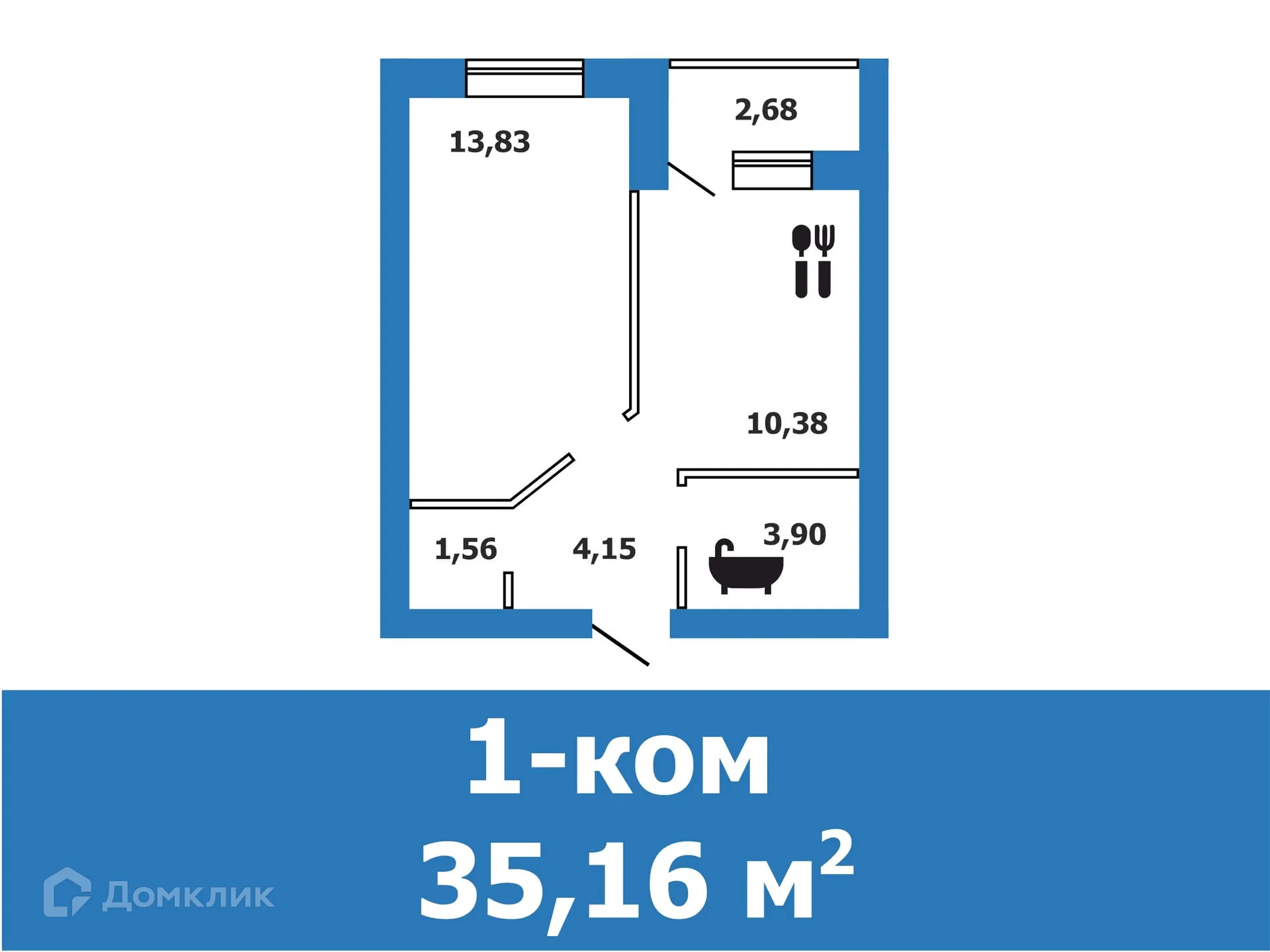 Планировка 1-комнатной квартиры 35.16 м² в ЖК Заречье 2.0, г. Краснослободск — фото 1