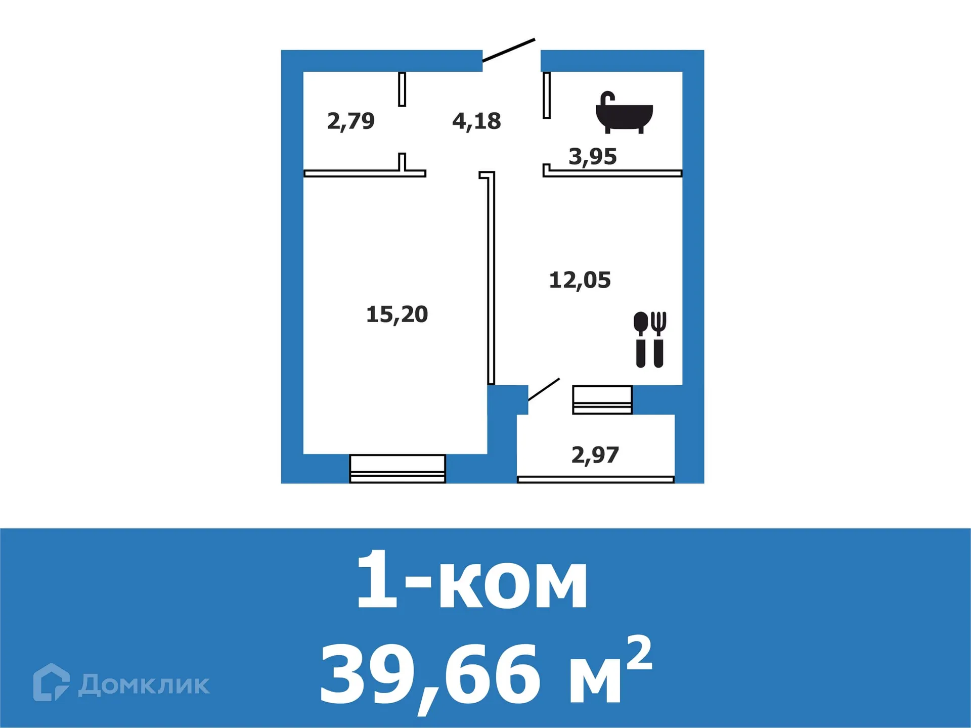 Планировка 1-комнатной квартиры 39.66 м² в ЖК Заречье 2.0, г. Краснослободск — фото 1