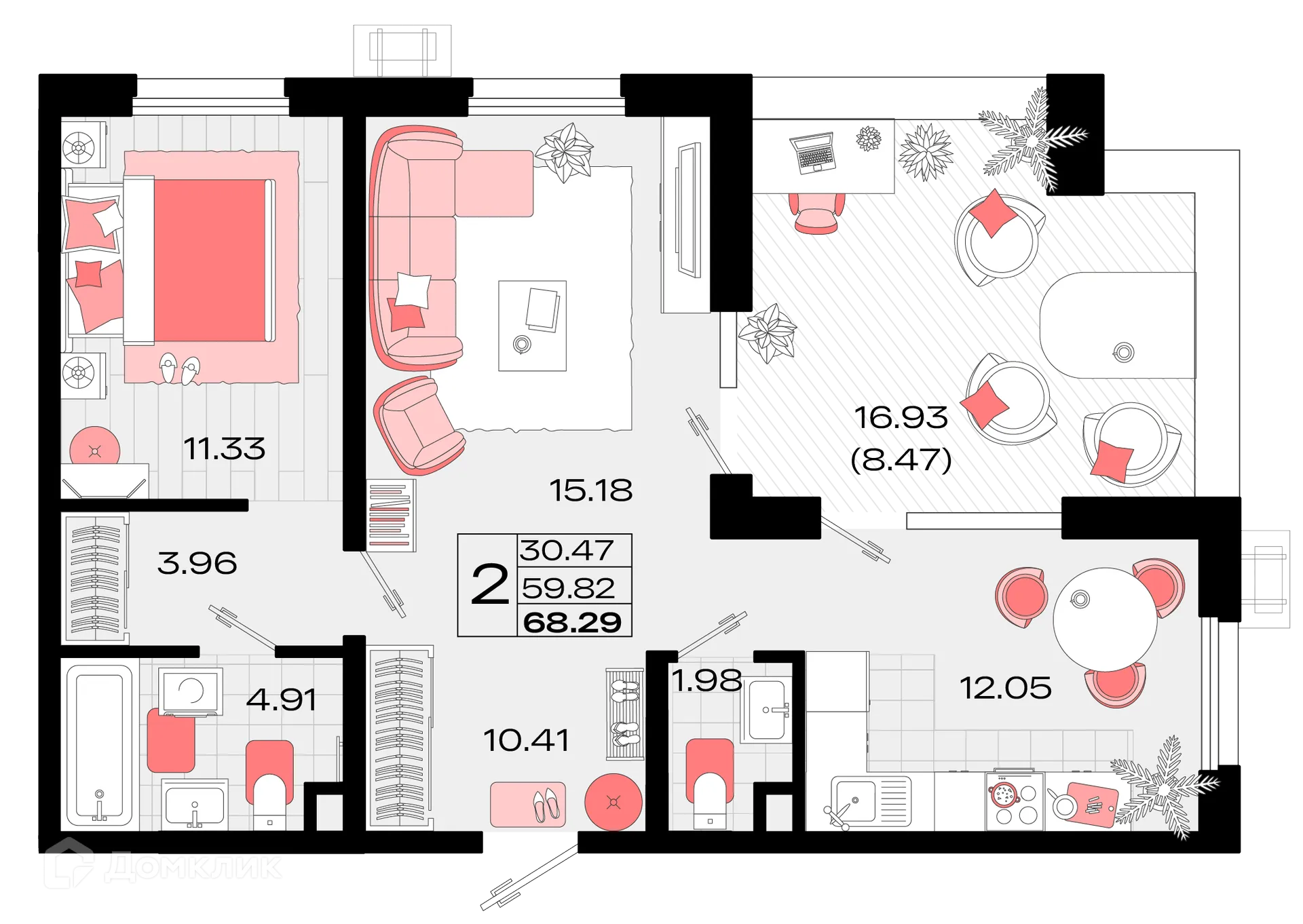 Планировка 2-комнатной квартиры 68.29 м² в ЖК Римские каникулы, г. Армавир — фото 1