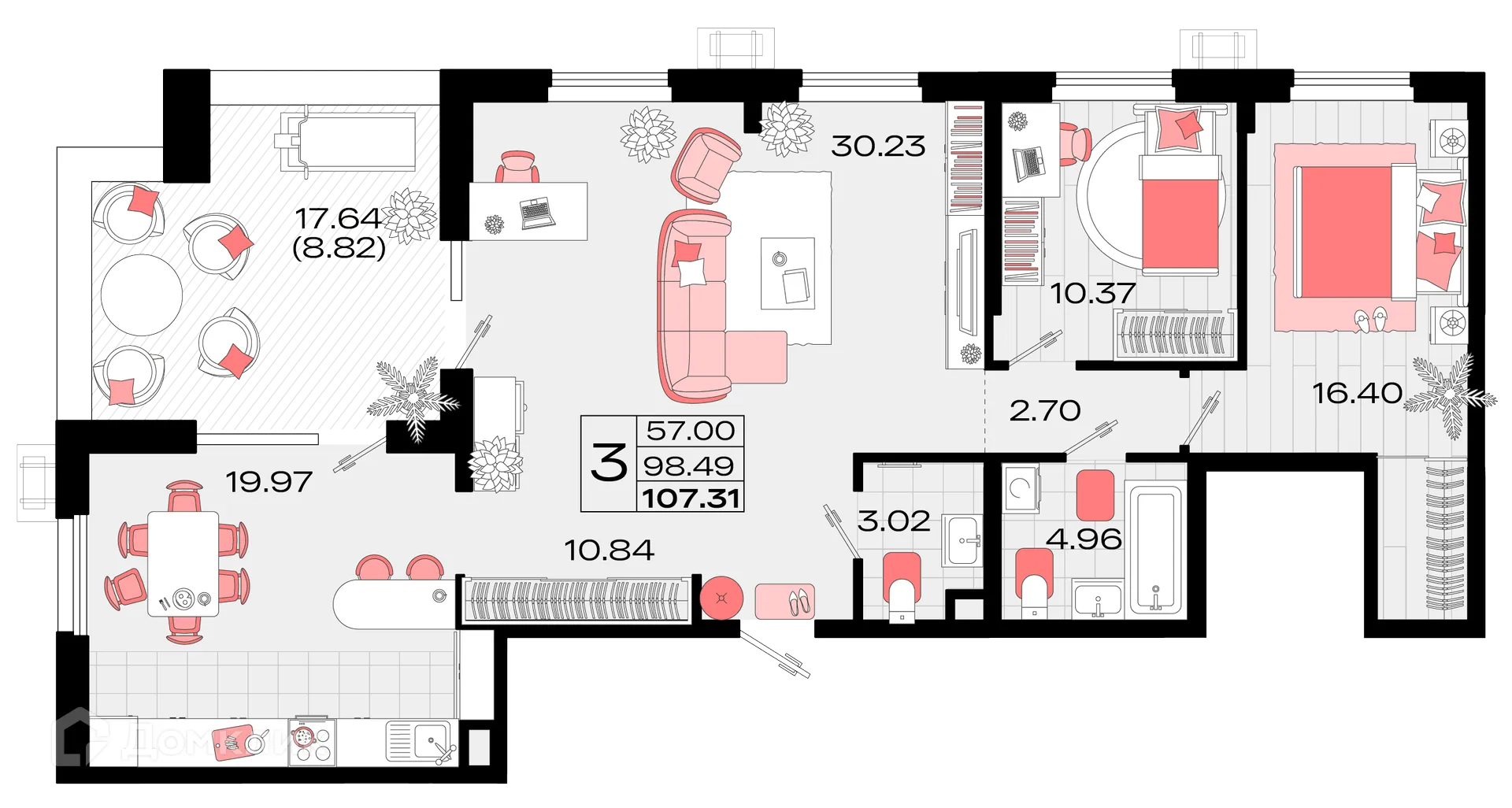 Планировка 3-комнатной квартиры 107.31 м² в ЖК Римские каникулы, г. Армавир — фото 1