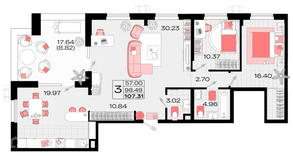 Планировка 3 комн. в ЖК Римские каникулы