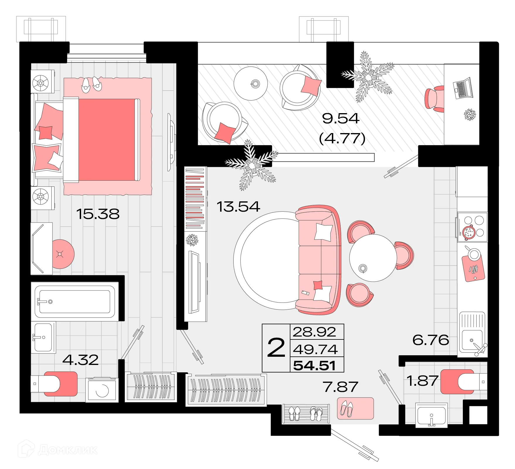 Планировка 2-комнатной квартиры 54.51 м² в ЖК Римские каникулы, г. Армавир — фото 1