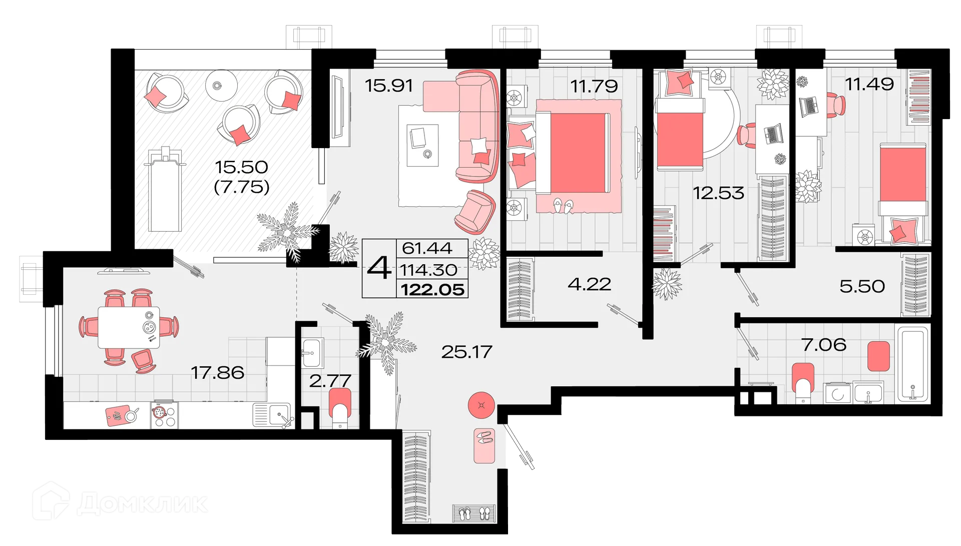 Планировка 4-комнатной квартиры 120.75 м² в ЖК Римские каникулы, г. Армавир — фото 1