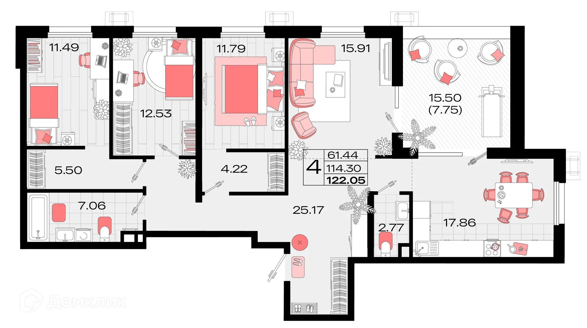 Планировка 4-комнатной квартиры 120.6 м² в ЖК Римские каникулы, г. Армавир — фото 1