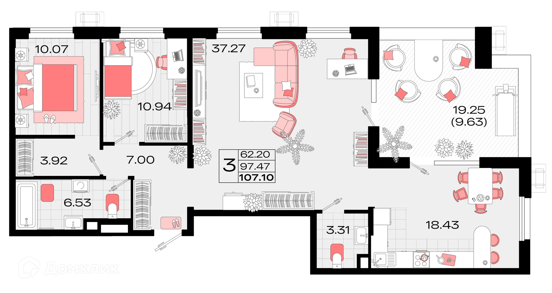 Планировка 3-комнатной квартиры 106.1 м² в ЖК Римские каникулы, г. Армавир — фото 1