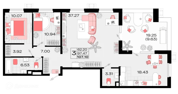 Планировка 3 комн. в ЖК Римские каникулы