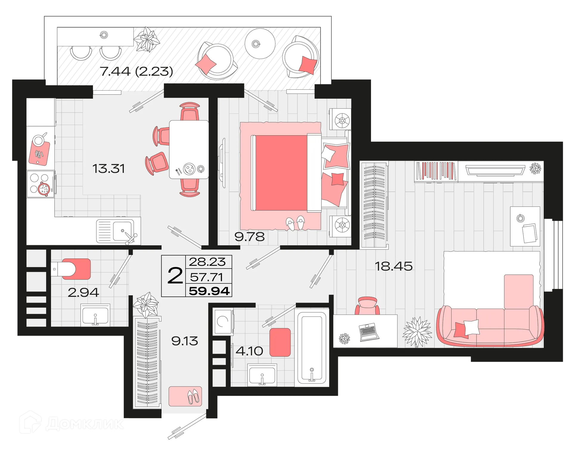 Планировка 2-комнатной квартиры 59.94 м² в ЖК Римские каникулы, г. Армавир — фото 1