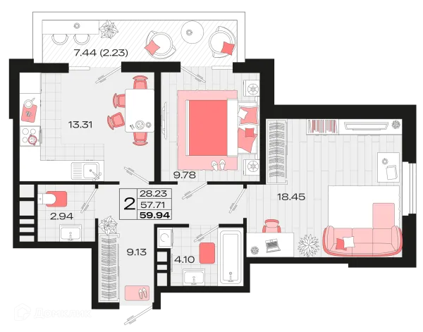 Планировка 2 комн. в ЖК Римские каникулы
