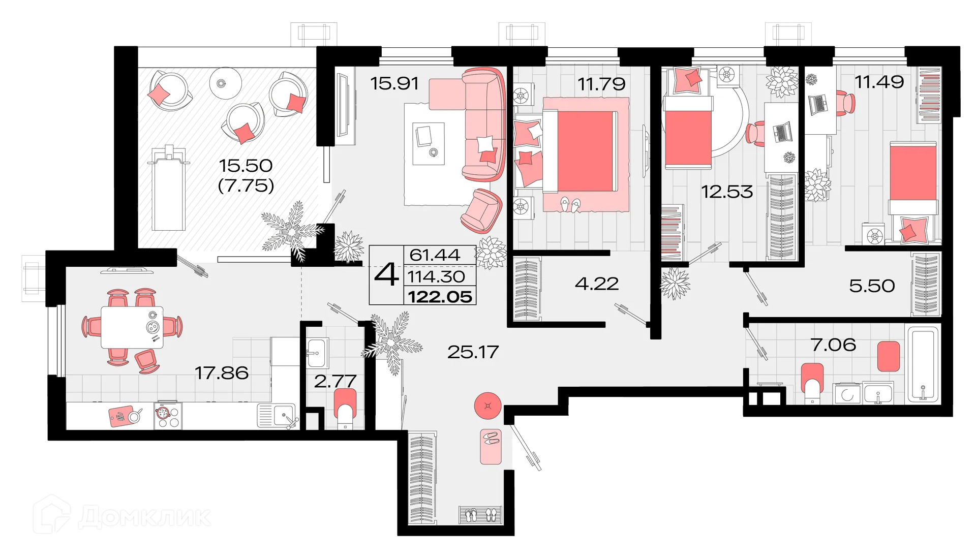 Планировка 4-комнатной квартиры 122.05 м² в ЖК Римские каникулы, г. Армавир — фото 1