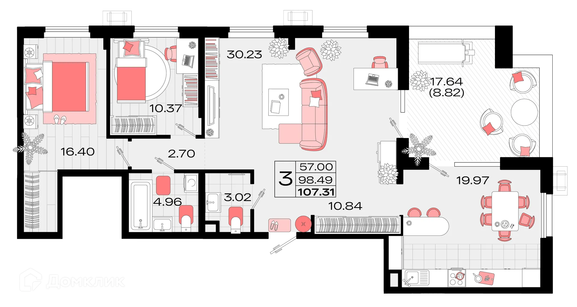 Планировка 3-комнатной квартиры 106.1 м² в ЖК Римские каникулы, г. Армавир — фото 1