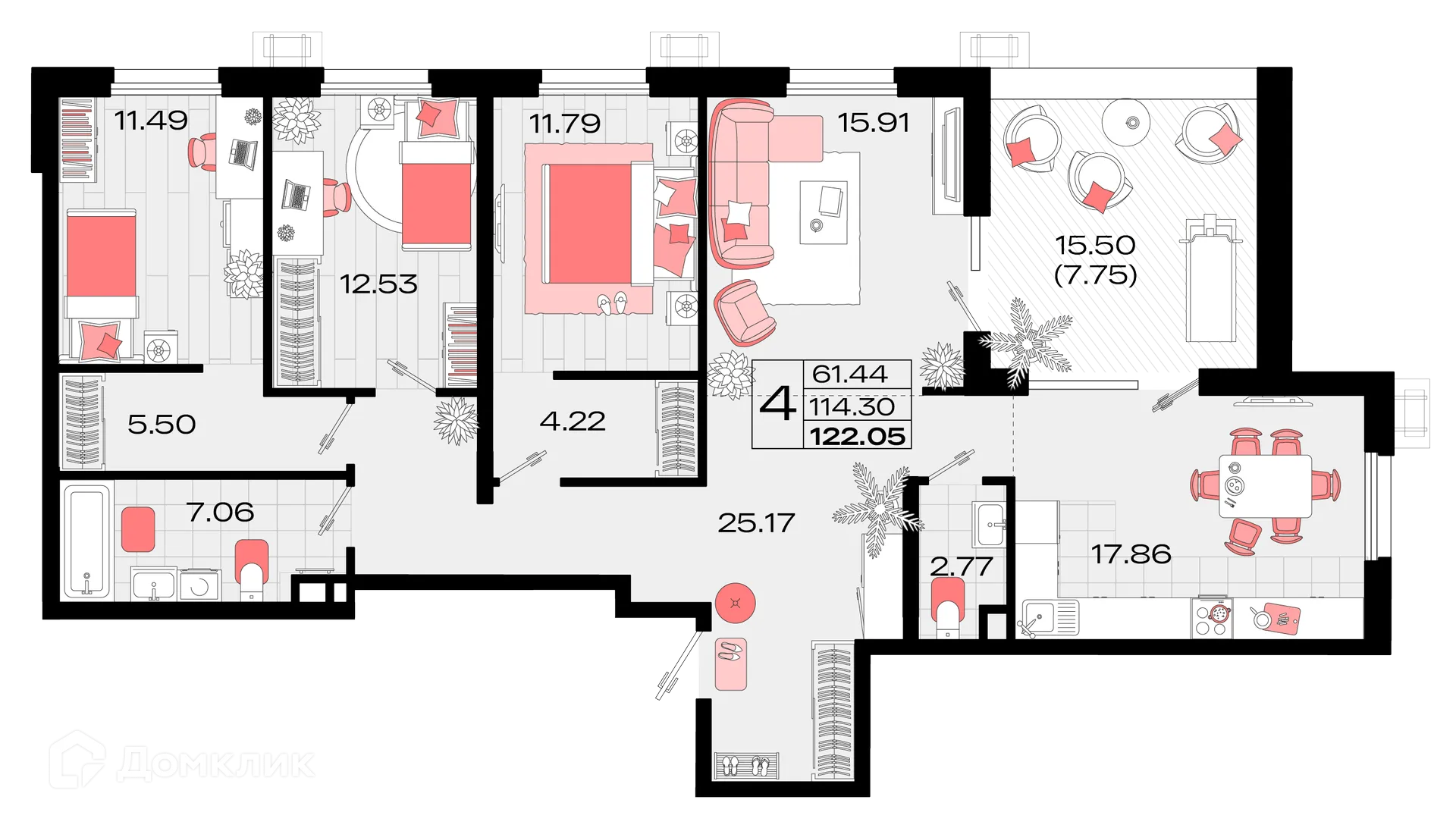 Планировка 4-комнатной квартиры 122.05 м² в ЖК Римские каникулы, г. Армавир — фото 1