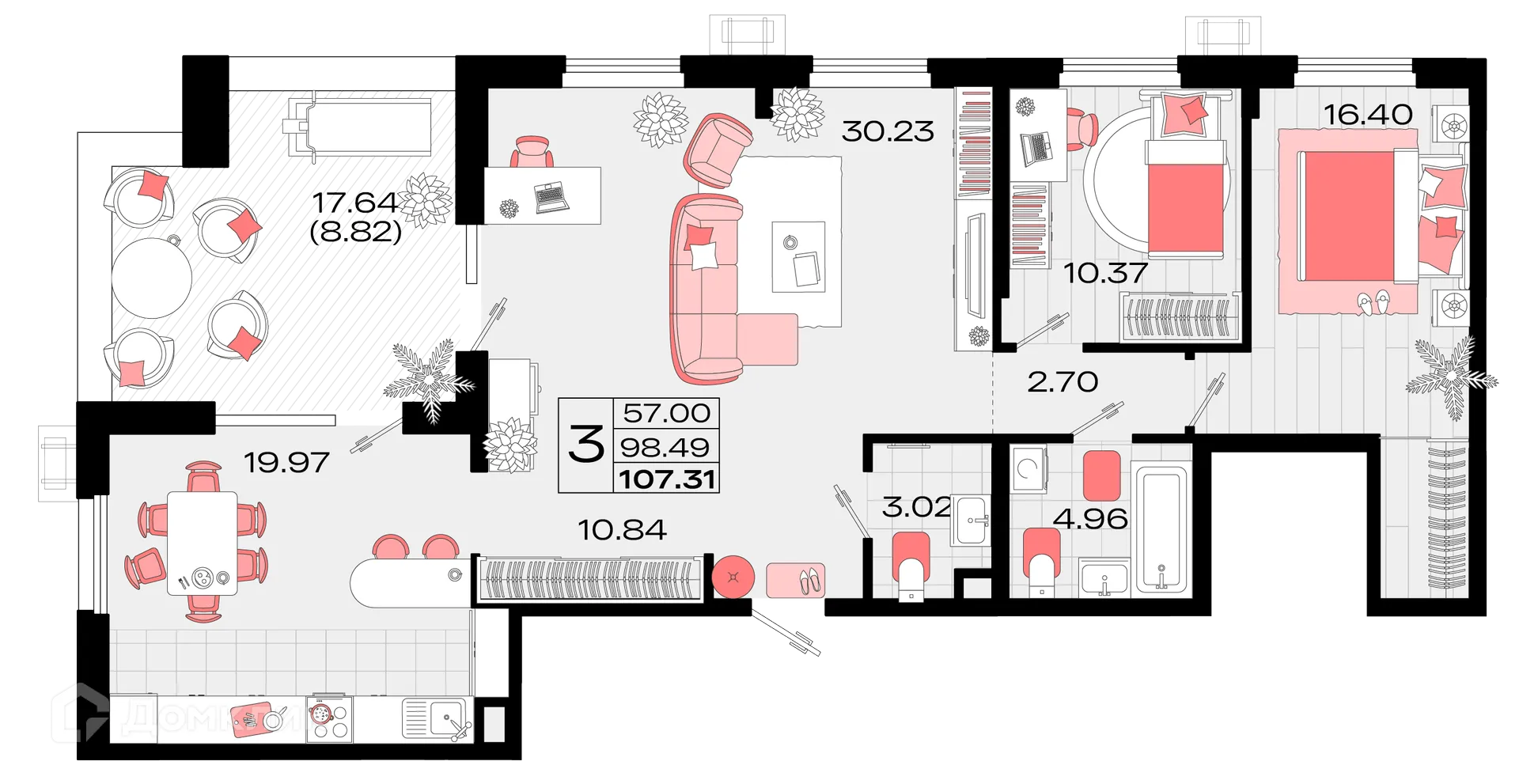 Планировка 3-комнатной квартиры 106.5 м² в ЖК Римские каникулы, г. Армавир — фото 1