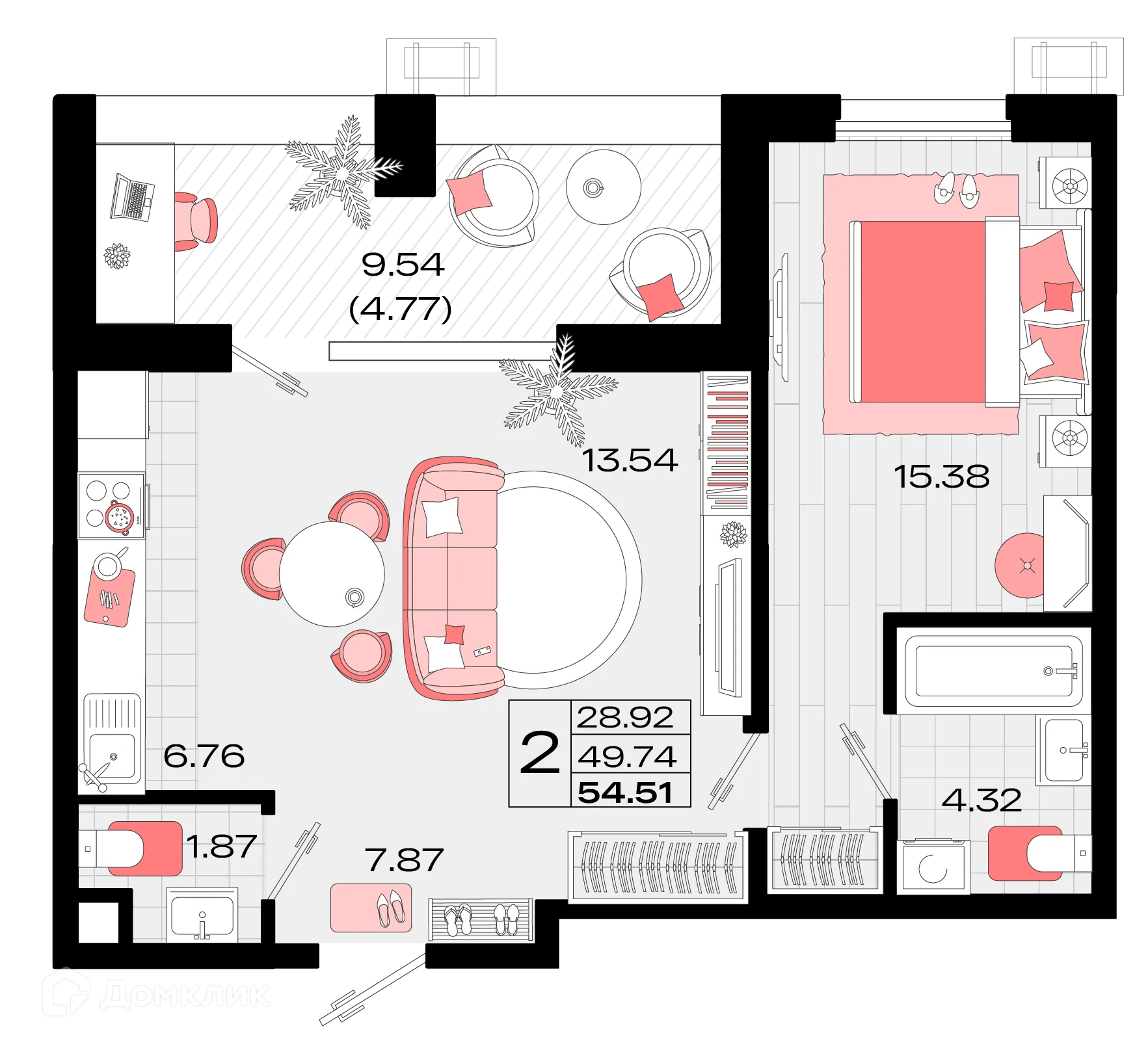 Планировка 2-комнатной квартиры 54.51 м² в ЖК Римские каникулы, г. Армавир — фото 1