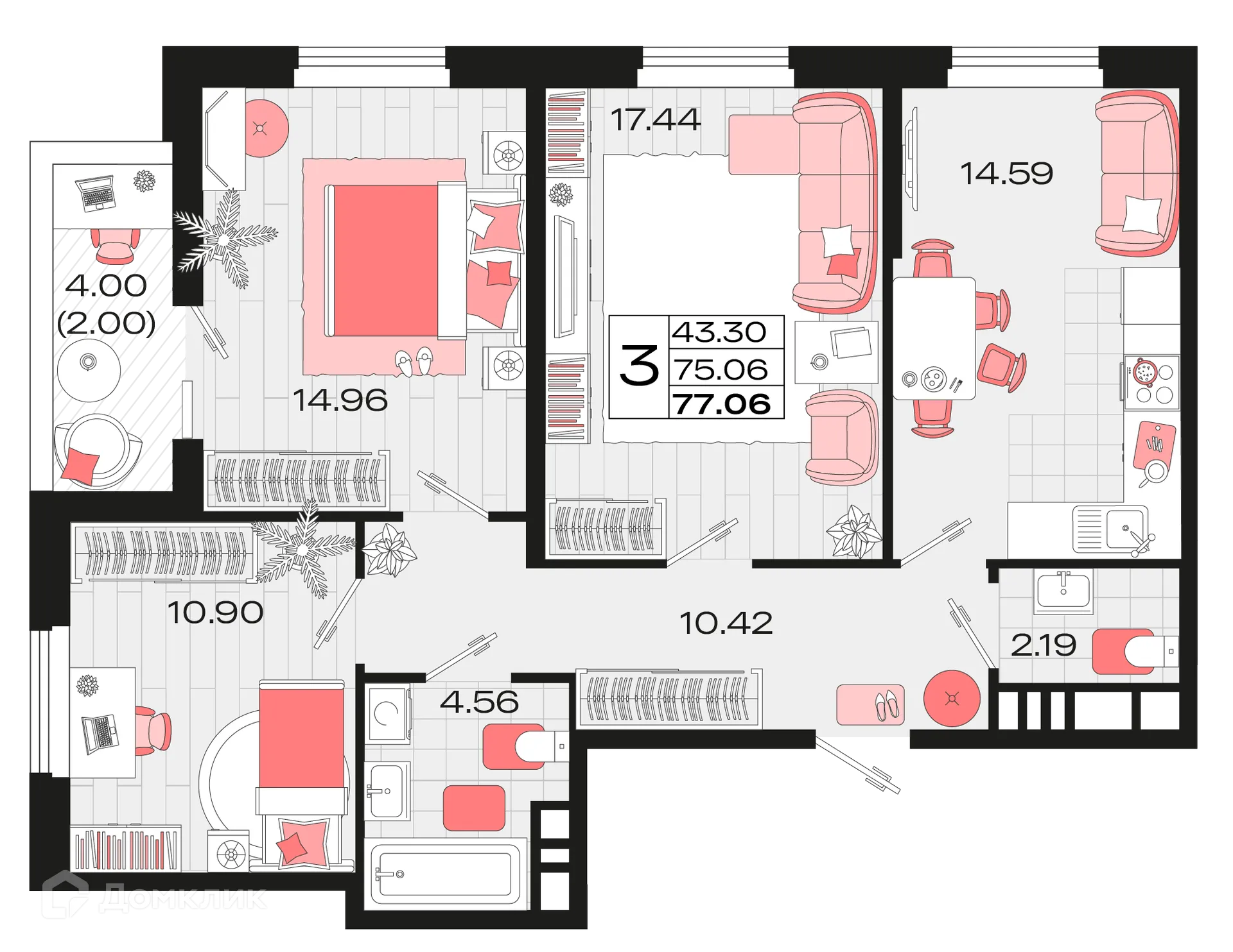 Планировка 3-комнатной квартиры 76.05 м² в ЖК Римские каникулы, г. Армавир — фото 1