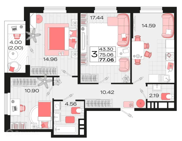 Планировка 3 комн. в ЖК Римские каникулы