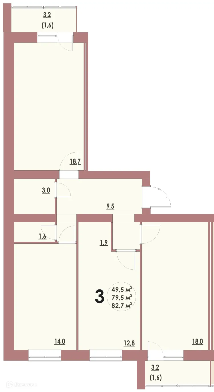 Планировка 3-комнатной квартиры 82.7 м² в ЖК Династия Парковый, г. Волжский — фото 1