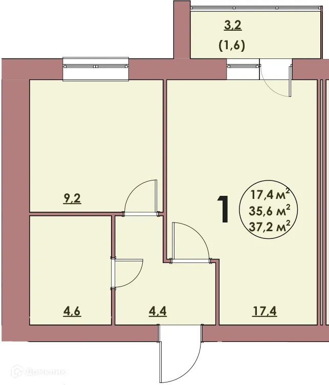 Планировка 1-комнатной квартиры 37.2 м² в ЖК Династия Парковый, г. Волжский — фото 1