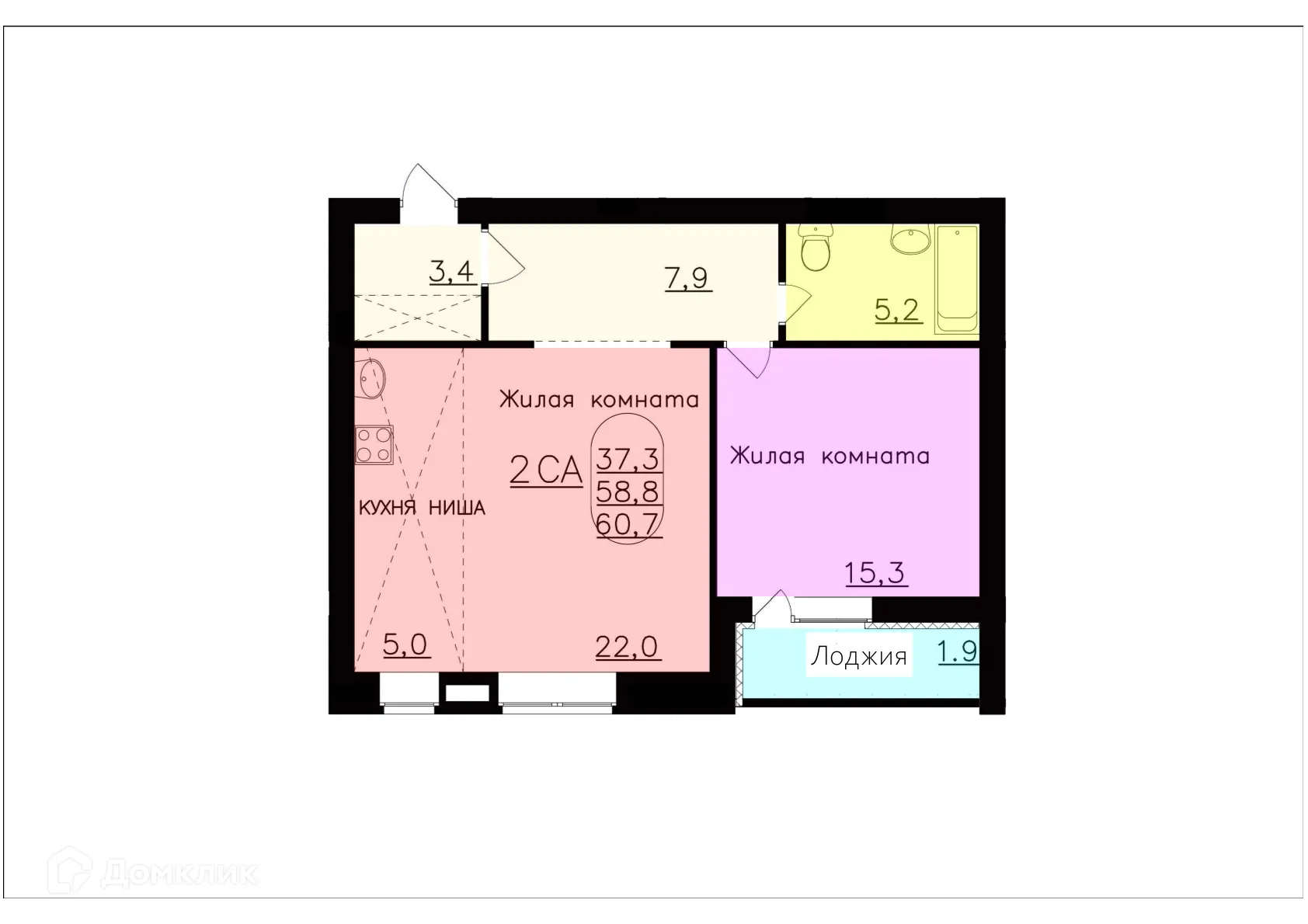 Планировка 2-комнатной квартиры 60.7 м² в ЖК КВАРТА, г. Волжский — фото 1