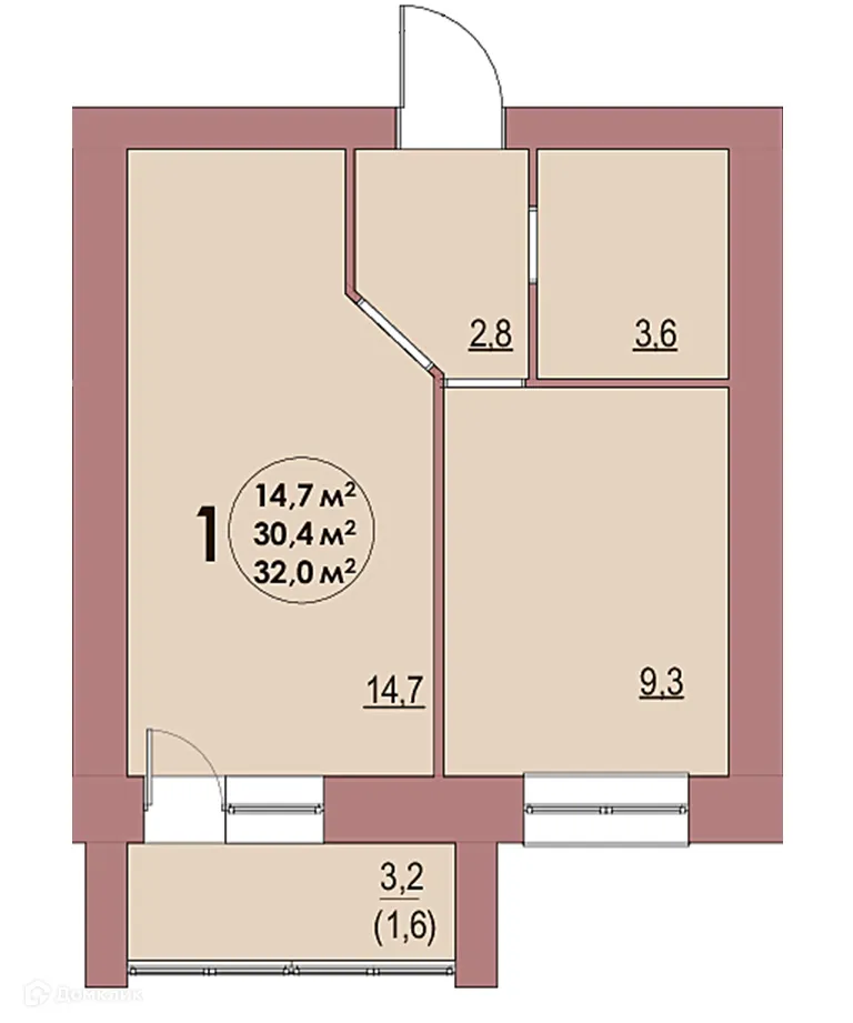 Планировка 1-комнатной квартиры 32 м² в ЖК Династия Парковый, г. Волжский — фото 1