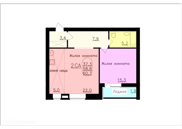 Планировка 2 комн. в ЖК КВАРТА