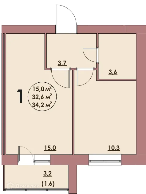 Планировка 1-комнатной квартиры 34.2 м² в ЖК Династия Парковый, г. Волжский — фото 1