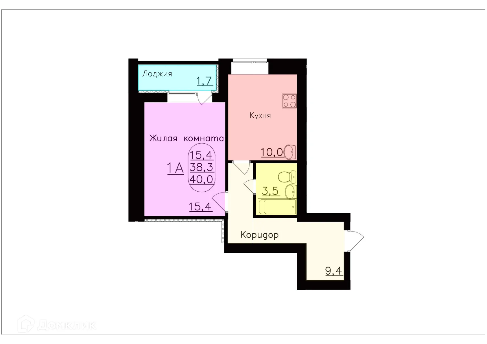 Планировка 1-комнатной квартиры 40 м² в ЖК КВАРТА, г. Волжский — фото 1