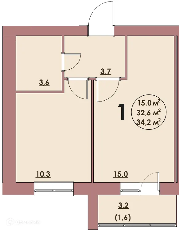Планировка 1-комнатной квартиры 34.2 м² в ЖК Династия Парковый, г. Волжский — фото 1