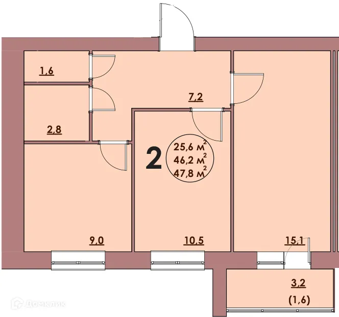 Планировка 2-комнатной квартиры 47.8 м² в ЖК Династия Парковый, г. Волжский — фото 1