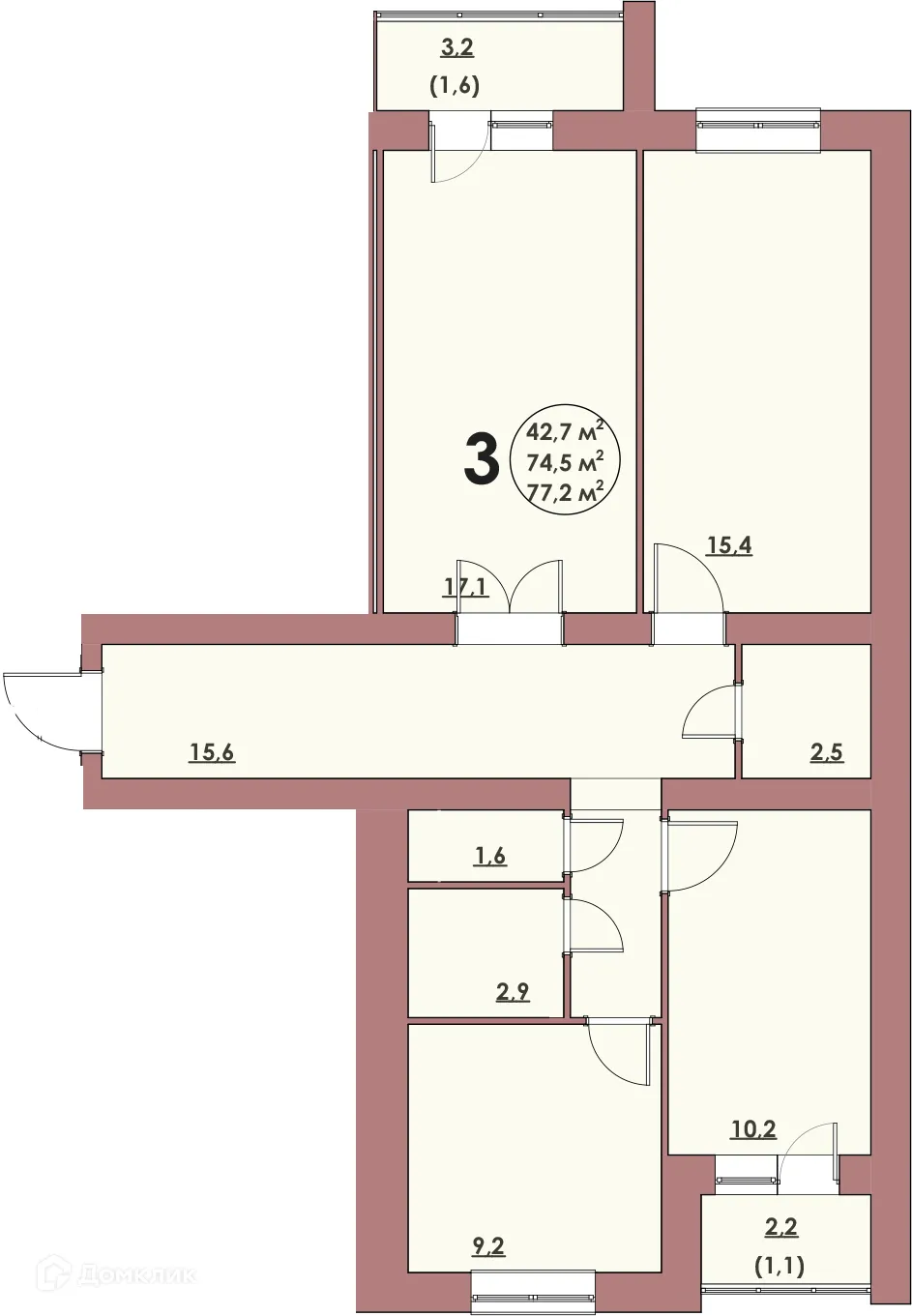 Планировка 3-комнатной квартиры 77.2 м² в ЖК Династия Парковый, г. Волжский — фото 1
