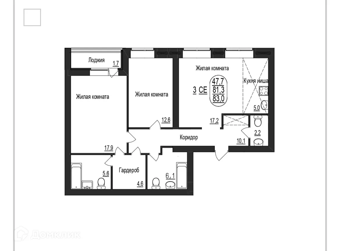 Планировка 3-комнатной квартиры 83 м² в ЖК КВАРТА, г. Волжский — фото 1