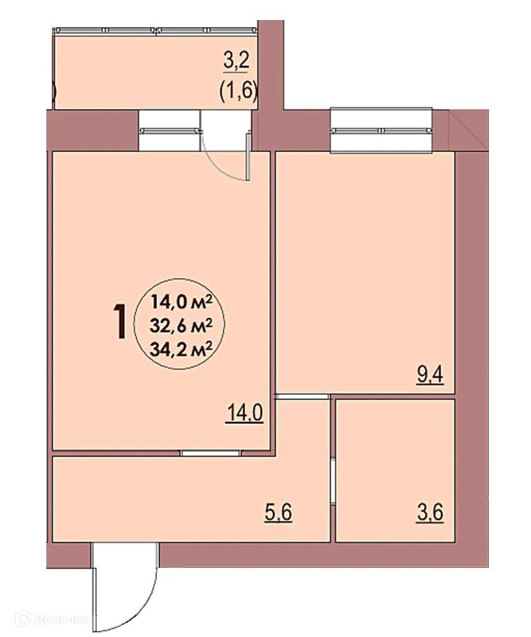 Планировка 1-комнатной квартиры 34.2 м² в ЖК Династия Парковый, г. Волжский — фото 1