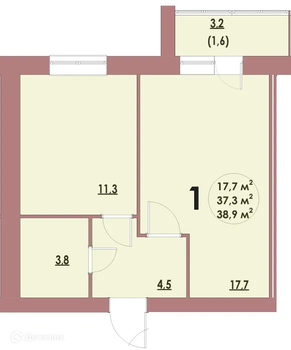 Планировка 1-комнатной квартиры 38.9 м² в ЖК Династия Парковый, г. Волжский — фото 1