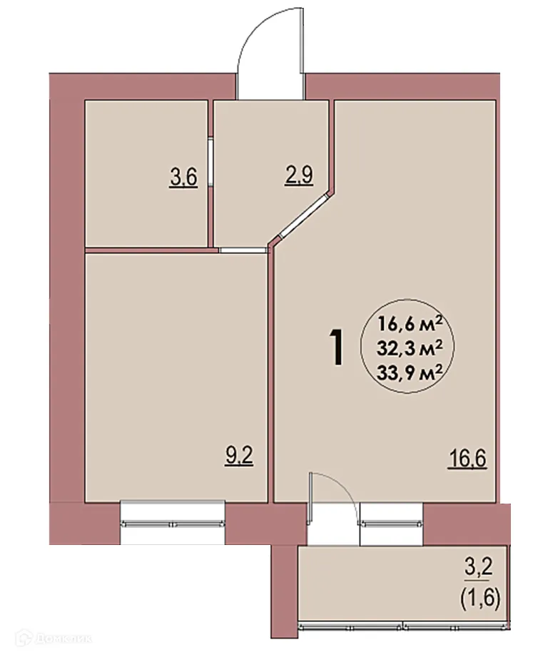 Планировка 1-комнатной квартиры 33.9 м² в ЖК Династия Парковый, г. Волжский — фото 1