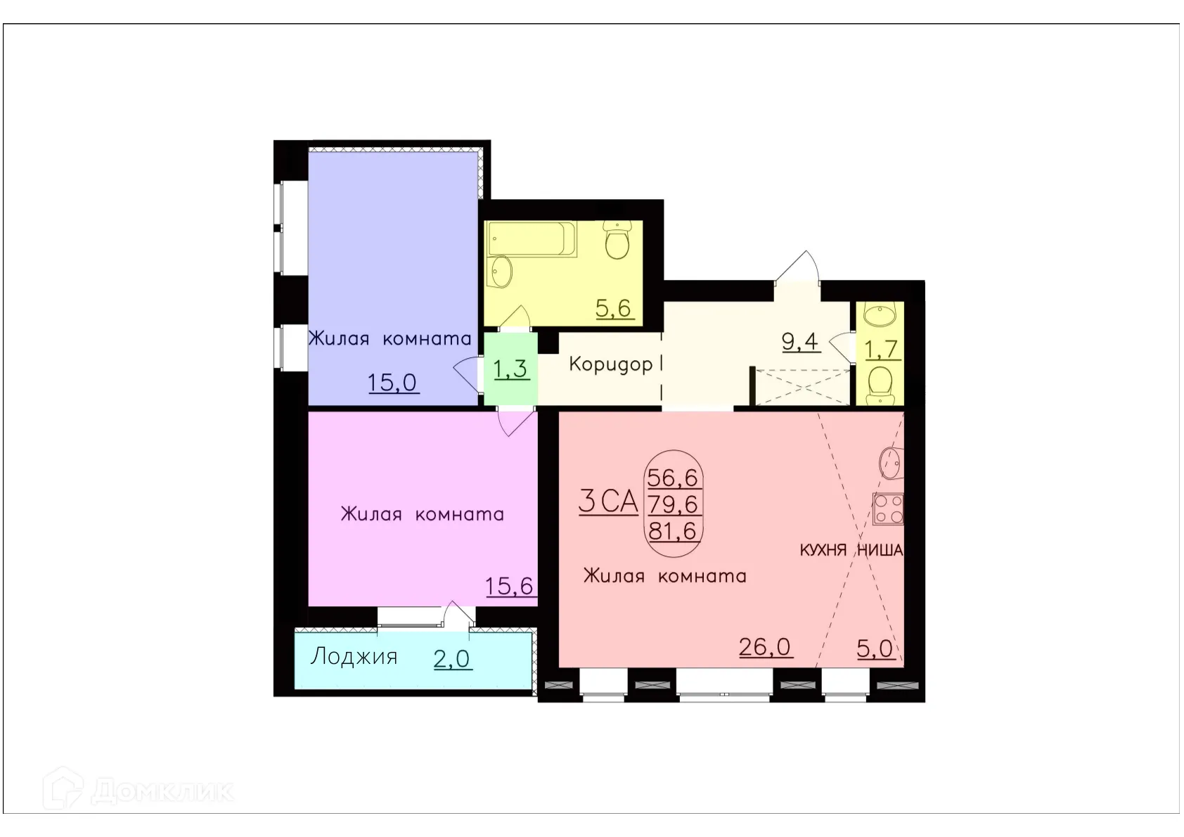 Планировка 3-комнатной квартиры 81.6 м² в ЖК КВАРТА, г. Волжский — фото 1