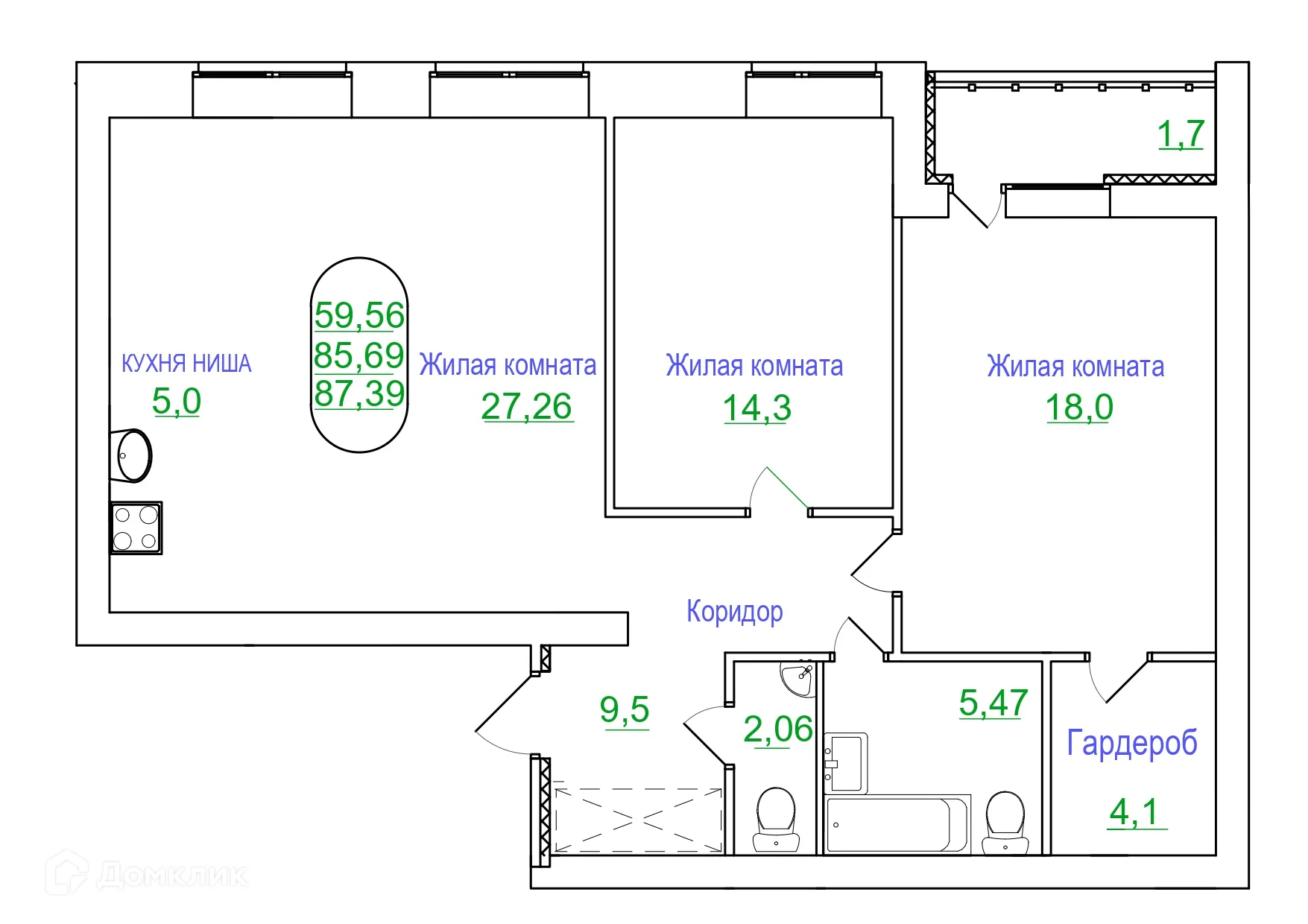Планировка 3-комнатной квартиры 87.39 м² в ЖК КВАРТА, г. Волжский — фото 1