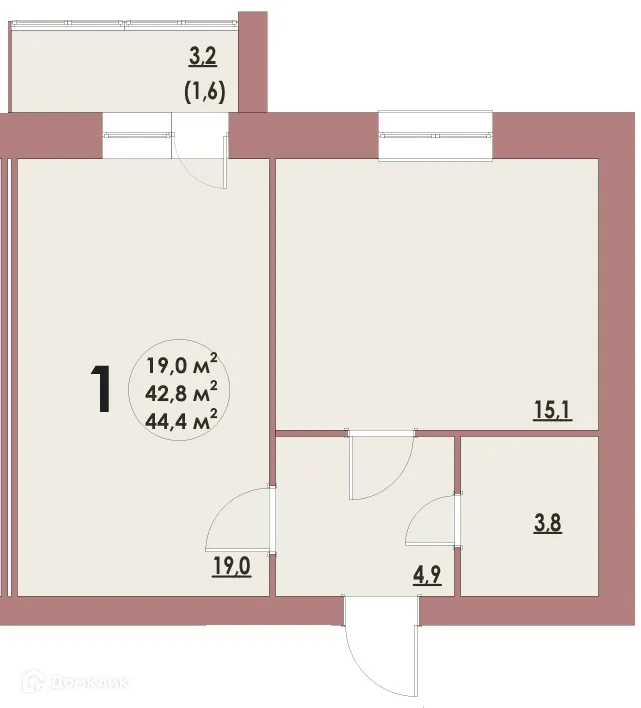 Планировка 1-комнатной квартиры 44.4 м² в ЖК Династия Парковый, г. Волжский — фото 1