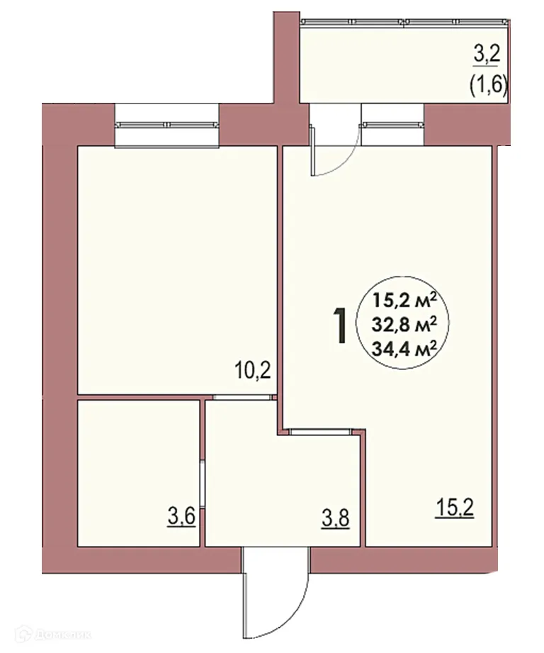 Планировка 1-комнатной квартиры 34.4 м² в ЖК Династия Парковый, г. Волжский — фото 1