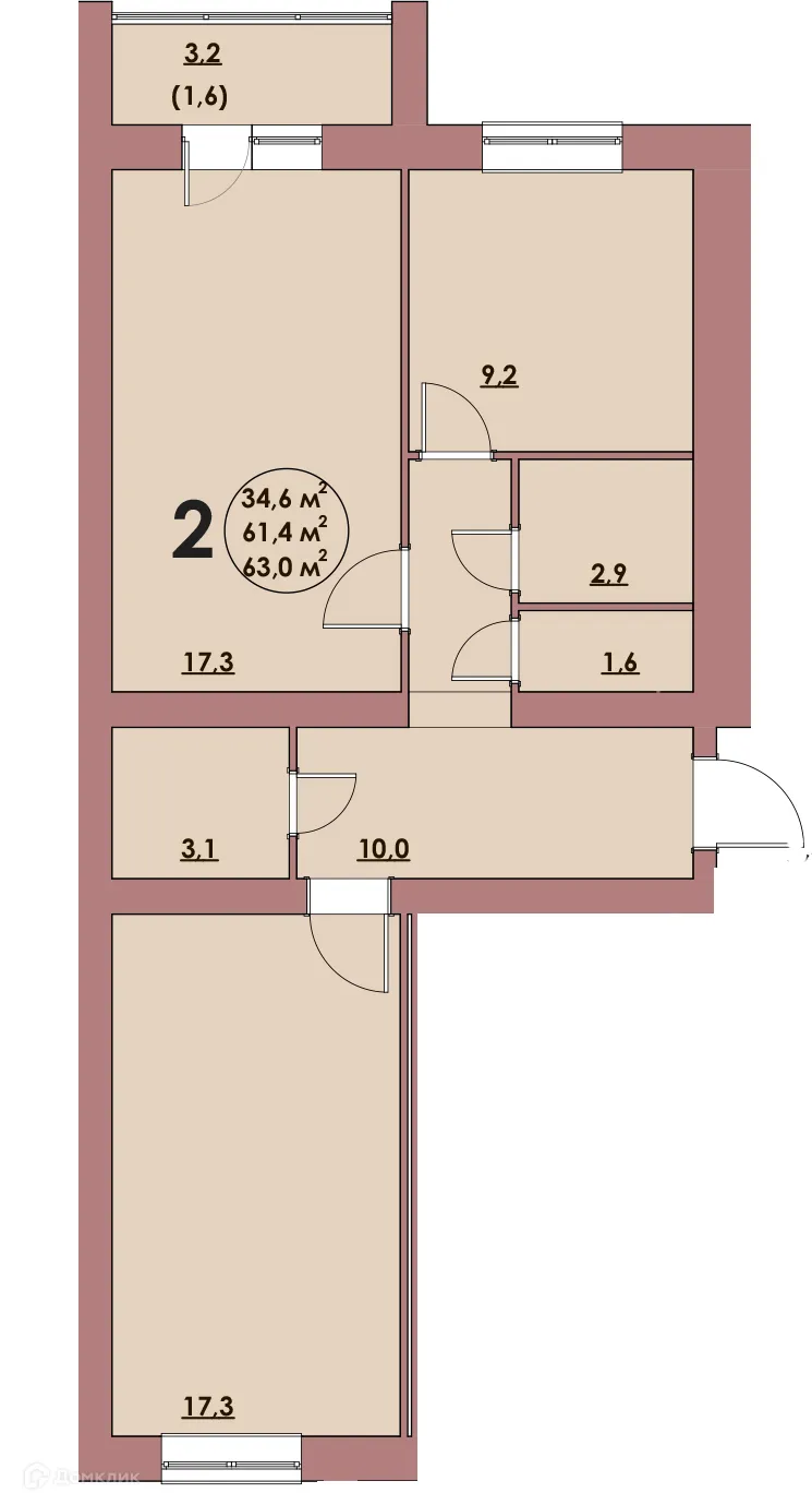 Планировка 2-комнатной квартиры 63 м² в ЖК Династия Парковый, г. Волжский — фото 1