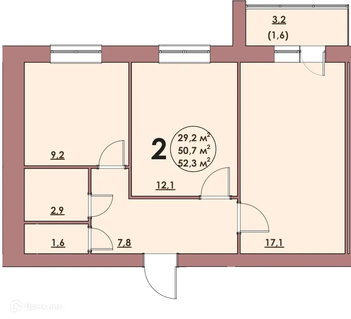 Планировка 2-комнатной квартиры 52.3 м² в ЖК Династия Парковый, г. Волжский — фото 1
