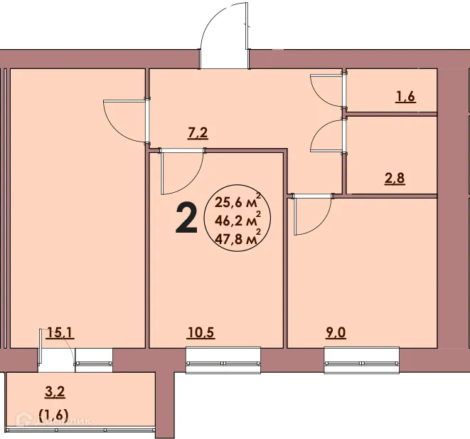 Планировка 2-комнатной квартиры 47.8 м² в ЖК Династия Парковый, г. Волжский — фото 1