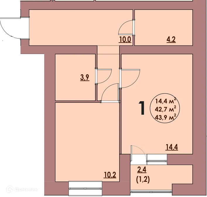 Планировка 1-комнатной квартиры 43.9 м² в ЖК Династия Парковый, г. Волжский — фото 1
