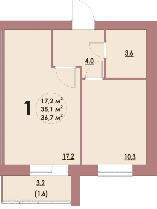 Планировка 1-комнатной квартиры 36.7 м² в ЖК Династия Парковый, г. Волжский — фото 1