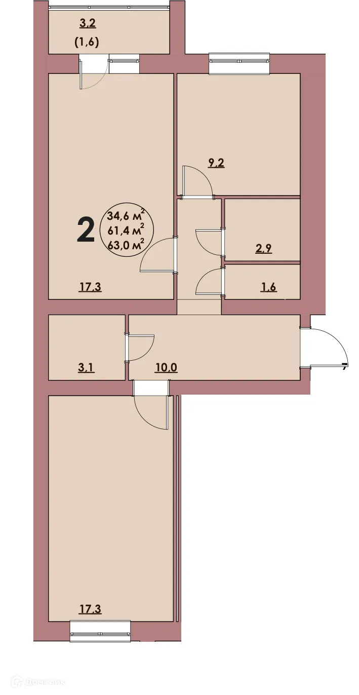 Планировка 2-комнатной квартиры 63 м² в ЖК Династия Парковый, г. Волжский — фото 1