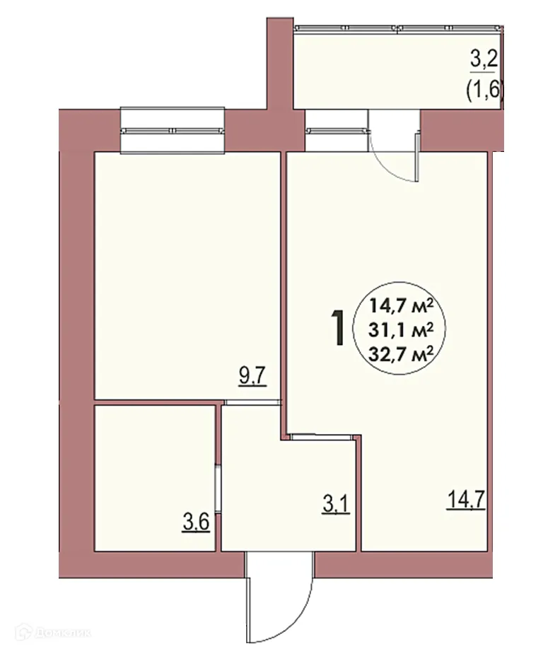 Планировка 1-комнатной квартиры 32.7 м² в ЖК Династия Парковый, г. Волжский — фото 1