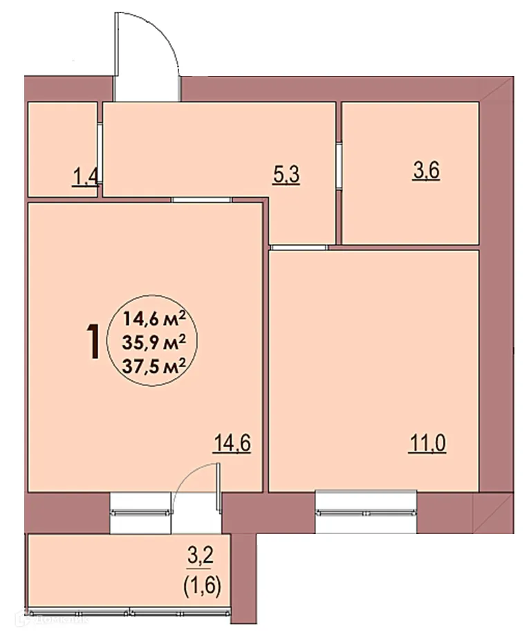 Планировка 1-комнатной квартиры 37.5 м² в ЖК Династия Парковый, г. Волжский — фото 1